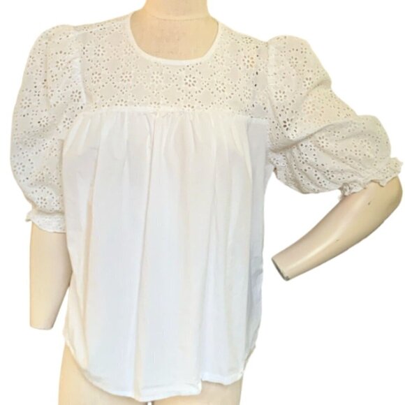 English Factory Puff Sleeve Blouse 100% Cotton White Eyelet Upper Sz XL 138L - Picture 1 of 8